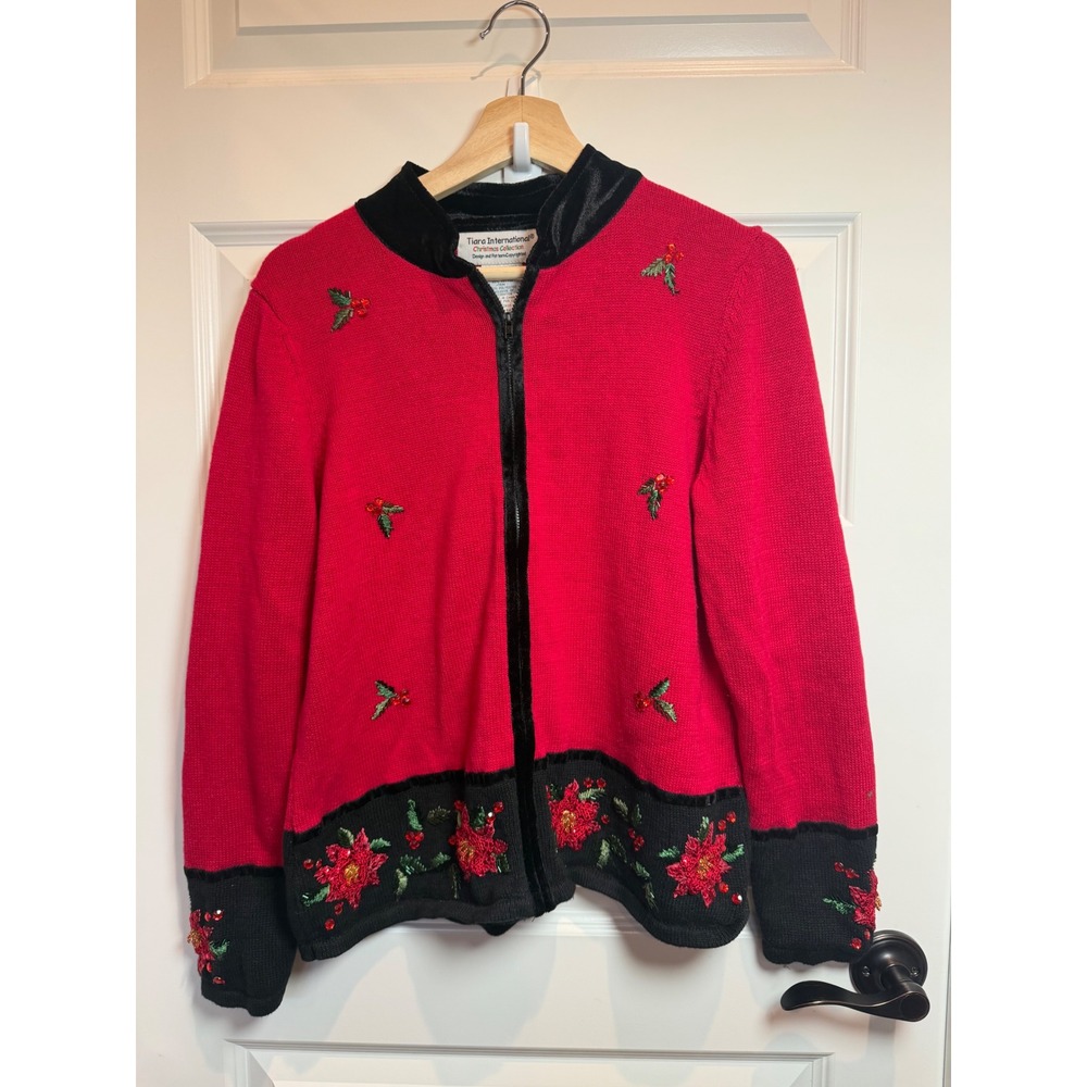 Tiara International Christmas Collection Red Poinsettia Zip Cardigan Sweater L